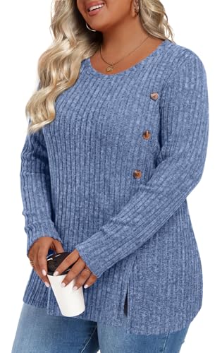 Image of HOTGIFT Womens Plus Size Sweater Tops Long Sleeve Crewneck Casual Tunic Shirts Buttons XL-5XL Blouse Soft Comfy Fashion