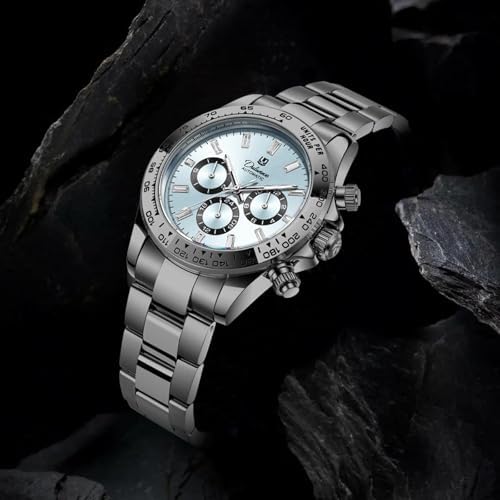 Automatic Watches for Men Mechanical Automatic Winding Movement Sports Chronograph Bezel Featuring Week 24-Hour and Month Sub-Dials Date 3ATM WaterResistant Wristwatches (Silver - Sky Blue) - 5
