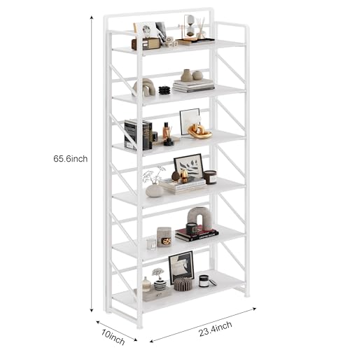 Image of JSB No Assembly Folding Bookshelf, 6 Tier Industrial Metal Book Shelf for Storage, Vintage Wood Foldable Bookcase for Living Room, Bedroom, Office Organization Shelves