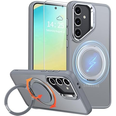 GOLDJU for Samsung Galaxy S24 FE Case with 360°Rotatable Magnetic Stand [Military Drop Protection] [Compatible with MagSafe] Matte Translucent Slim Galaxy S24 FE Case with 9H ScreenProtector-Grey Cover