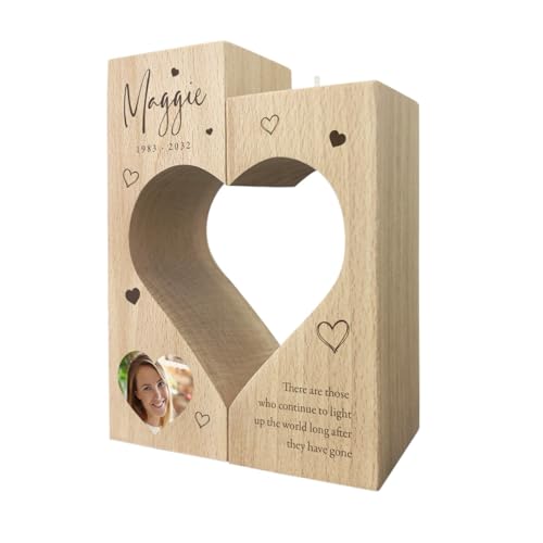 Image of Personalised Wooden Photo Memorial Heart Tea Light Holders | Heart Shape Twin Tea Light Pine Wood Photo Candle Holder | Customisable Remembrance Memorial Gift | W14cm x H10cm x D5cm