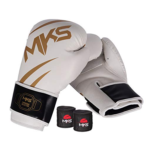 Kit Luva de Boxe MKS Champions V3 Branco/Dourada + Bandagem Preta 2,55m (16 oz)
