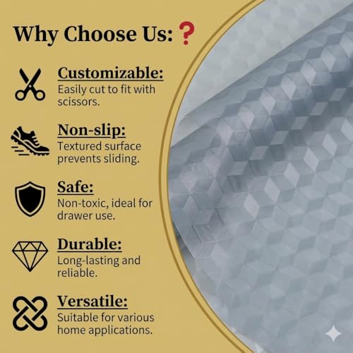 Image of Dribble EVA Shelf Liner Mat 45x500cm Roll, Non Slip Drawer & Cabinet Liner for Kitchen, Waterproof Oilproof Washable Fridge Mat, Anti Skid Cupboard Wardrobe Multipurpose Mat (Grey)