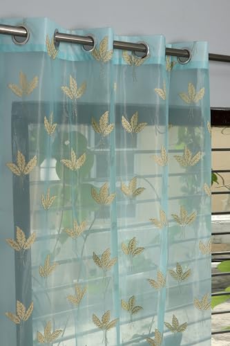 Image of IVAZA Polyester Semi-Transparent Leaf Embroidered Curtain ? Sheer Voile Panel with Eyelets ? Lightweight & Airy ? Ideal for Living Room, Bedroom, Balcony Window- 5 Feet (Pack of 1) Firozi