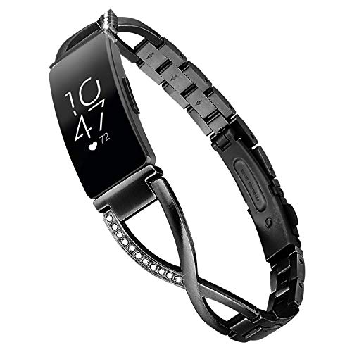 V-MORO Bracelet Compatible with Fitbit Inspire HR Bands Women Black Jewelry Inspire Band Metal Stainless Steel Strap with Bling Stone Replacement for Fitbit Inspire/Inspire HR Smartwatch Girls