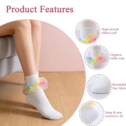 Image of Women Big Ruffle Ankle Socks Adult Double Lace Frilly Socks Fold Cuff Cotton Ruffled Dress Crew Bobby Bride Sock