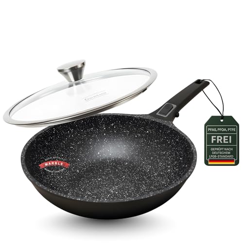 Goldmann Wokpfanne 28 cm mit abnehmbarem Griff & Glasdeckel – Aluminiumguss, Keramik Antihaftbeschichtung, Induktion geeignet & spülmaschinenfest