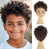 Dsimeig Short Curly Brown Kid Wig Boys Afro Wig Fluffy Synthetic Child Cosplay Costume Party Use