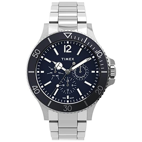 Timex Men's Harborside Multifunction 43mm Watch – Blue Dial with Silver-Tone Case & Stainless Steel Bracelet TW2U13200
