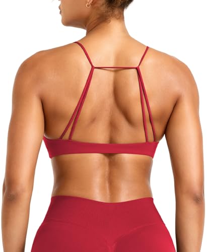 YEOREO LuxFlow Women Sports Bra Light Support Twist Front Criss Cross Strappy Padd Workout Gym Bra Red Small