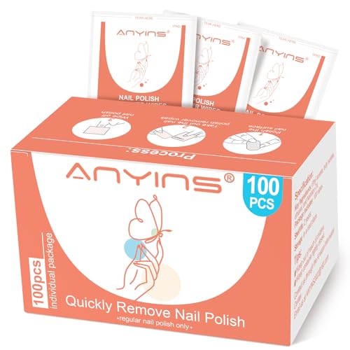 ANYINS Nail Polish Remover Pads,100PCS Nail Polish Remover Wipes Fast Remove with Nutrition Oil Individually Wrapped Professional Nail Salon and Home Use