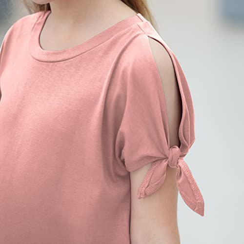 Image of GORLYA Girls Slit Sleeve Tie Knot Cuff Knit Tunic Top 4-14Y | Seamless knit, cold shoulder slit sleeves with tie-knot cuffs, solid & stripe options, ideal for school and casual outings.