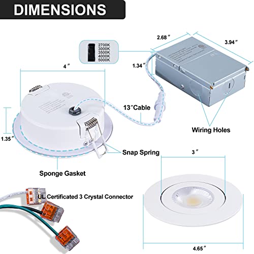 Knlnny Ware Eyeball Recessed Lighting 4 Pack, Ajustable Gimbal,Led Recessed Ceiling Light With Junction Box,5 Cct(2700K-6500K) Selectable Recessed Lighting,9W 750Lm,Dimmable,Airtight, Etl Listed #TOP3
