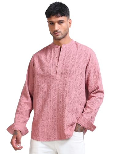 Image of StitchX Men's Seersucker Band Collar Pure Cotton Striped Kurta Shirt-S-2XL