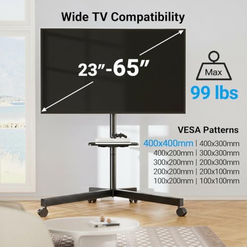 Image of PERLESMITH Rolling TV Stand for 26-65 Inch TVs up to 88 lbs, Mobile Outdoor TV Stand with Shelf & Large Base, Tilt TV Stand with Wheels, Portable TV Cart for Bedroom, Max VESA 400x400mm, PSTVMC06B-B
