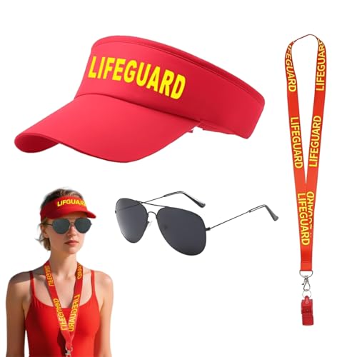 OIXYEY 1 Juego Accesorios De Salvavidas Incluye Sombrero Gafas De Sol Silbato, Disfraz De Salvavidas, Disfraz De Deportista Para Hombre Mujer Carnaval Halloween Disfraz (Rojo)