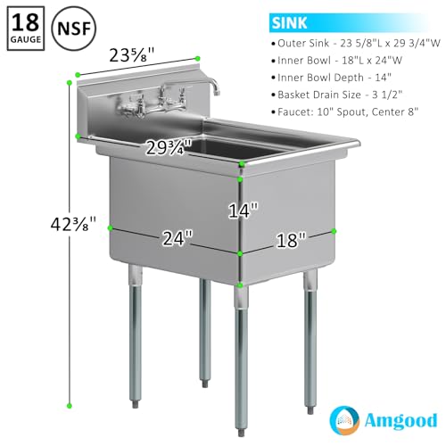 Image of AmGood Stainless Steel Prep & Utility Sink | 304 Stainless Steel | Overall Size: 29 3 /4 inch x 23 5 /8 inch | NSF | Restaurant, Kitchen, Laundry, Garage (Bowl Size: 24 inch x 18 inch + Faucet)