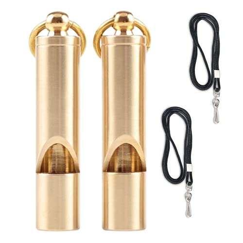 Premium Brass Whistles 125 decimals Set of 2 – Includes 2 Black Lanyard 30 Inches – Loud Survival Whistles – Solid Brass