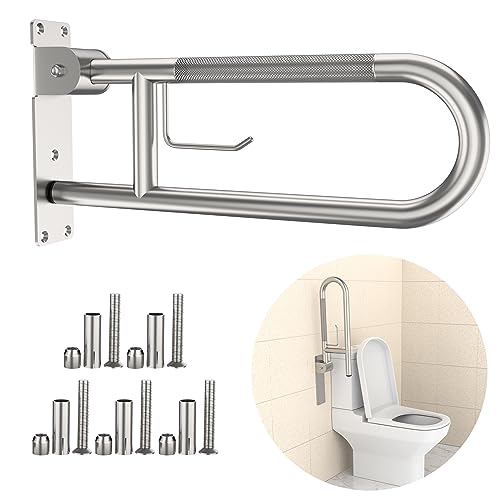 Toilet Grab Bar 22.4 Inch, Munzong Brushed Nickel Anti-Slip Support Rail, U Shaped Flip-Up Grab Bar with Paper Holder, Stainless Steel Knurled Handicap Safety Handrails for Disabled Elderly Pregnant by Munzong - Used condition - CA$56.81
