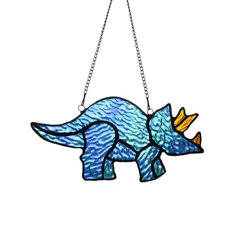 Dinosaur Stained Glass Suncatcher Window Hanging, Handcrafted Art Glass Decorations Gift for Children's Day,Valentine's Day, Holloween,Christmas. (Blue Triceratops)