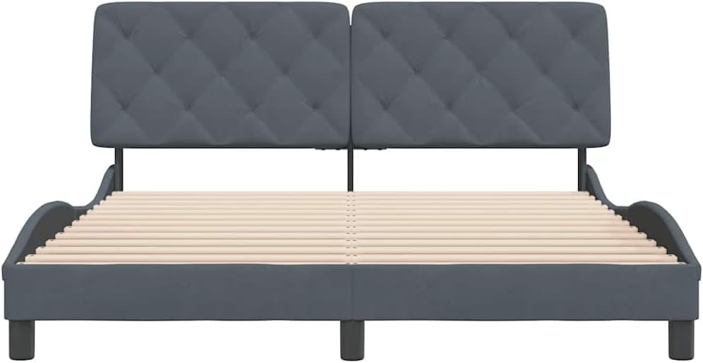 Queen Bed Frame Dark Grey Velvet with Cushioned Headboard Modern Platform Bed with Storage Slatted Foundation Durable Sturdy Frame Easy Assembly for Bedroom