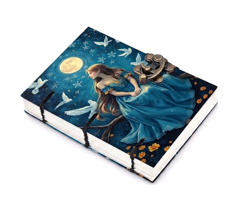 Image of Dreamy Moonlit Fairy Personal Journal - A5 Handmade Fantasy Diary with Antique Metal Lock, 200 Unruled Pages, Hardcover Hand-Stitched Notebook for Creative Writing & Dreaming
