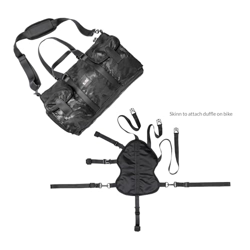 Image of MONKEY TROOPERS Roam Duffle Bag Black Camo 30L | Bike-mountable skin, wet pocket, shoe compartment, detachable sling, lightweight build, weekend trips, gym & sports use