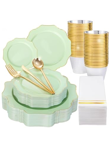 WDF 175Pcs Sage Green Plastic Plates With Gold Rim -