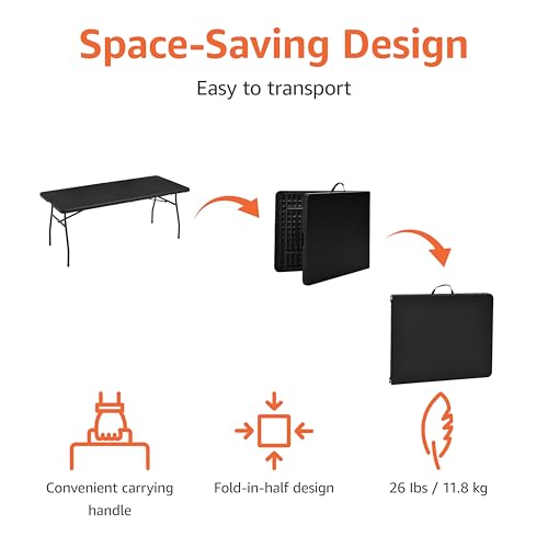 Amazon Basics Heavy Duty Portable Folding Table, 6 ft, Indoor & Outdoor, Fold-in-Half Design with Carrying Handle, for Events, Easy Folding and Storage, Black view 3