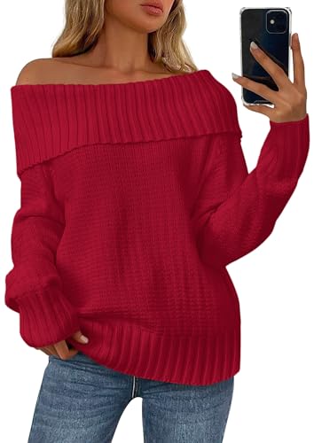 PRETTYGARDEN Womens Off The Shoulder Sweater Long Sleeve Loose Knit Pullover Sweaters Fall Going Out Tops (Red,Medium)