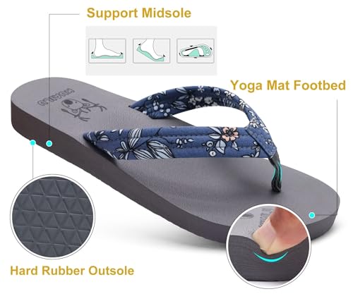 Kuailu Womens Yoga Mat Flip Flops With Comfortable Arch Support Ladies Summer Beach Pool Waterproof Thong Sandals Comfort Supportive Cushion Slip On Cheap Flipflops Floral Fabric Grey Size 8.5 thumb #4