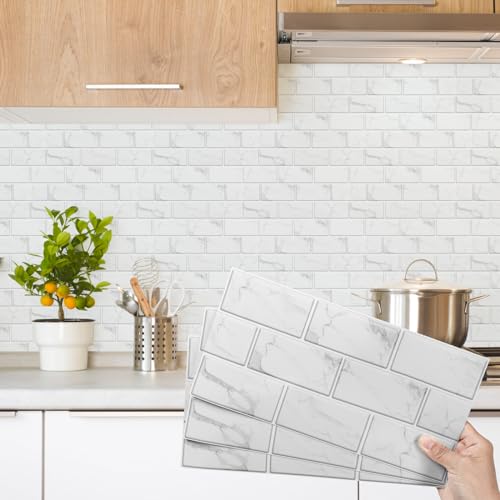 Decoroom Azulejos Autoadhesivos Blanco 15x30cm/12Pcs Baldosas Pegatinas Adhesivas Ladrillos Vinilo PVC Impermeable Decorativa Cocina Baños Baldosas Adhesivas Pared