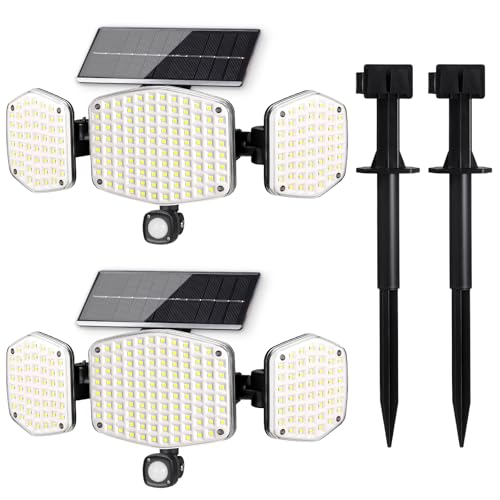 Solar Motion Sensor Outdoor Lights with Stakes, 208 LED Super Bright IP65 Waterproof 3 Heads Solar Powered Security Flood Lights for Outside Pack of 2