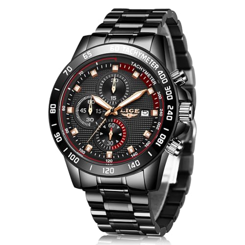 LIGE Reloj para Hombre Cronógrafo Correa de Acero Inoxidable Impermeable Deportivo Negocio Casual Reloj Negro para Caballero