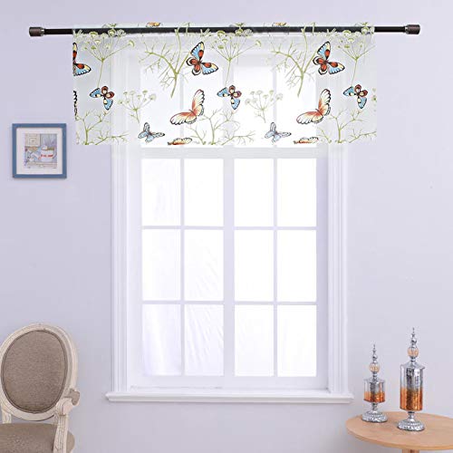 Wubodti Butterfly Sheer Voile Valances For Kitchen Short Window Curtain 1 Panel, Colorful Print Valance Tulle Window Treatments Valances For Bedroom Living Room Dining Room Study,59X14 Inch #TOP16