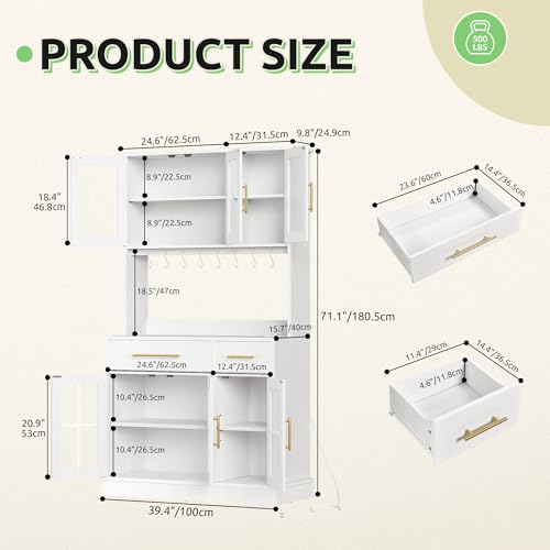 GOOBED 71" Pantry Cabinet with Power Outlet, Tall Kitchen Pantry Storage Cabinets with Microwave Stand, Farmhouse Kitchen Hutch with Drawers, Hook, Door and Shelves for Home Living Dining Room, White
