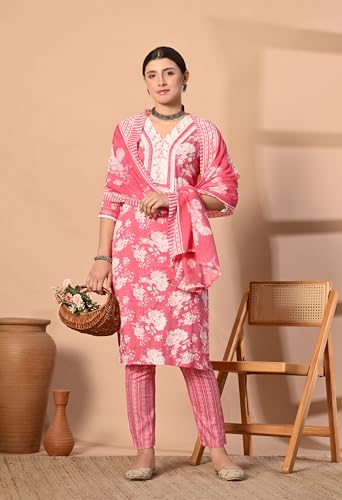 Image of Women's Cotton Stitched Straight Salwar Suit Set | Printed Cotton Dupatta, Embroidered Round Neck Ethnic Kurta, with Pant