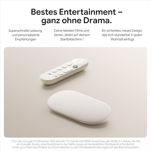 Google TV Streamer 4K – entspannte Unterhaltung durch schnelles Streaming und Fernbedienung mit Sprachsuche – Filme, Serien, Live-Sendungen und Netflix in 4K HDR – 32 GB Speicherplatz – Porcelain