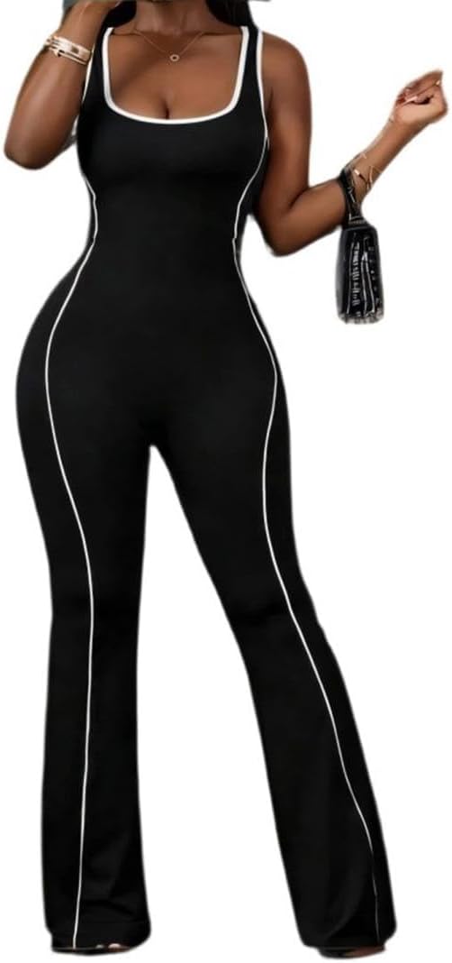 Unybwonn Women Workout Jumpsuit Bodycon Backless Sleeveless Yoga One Piece Romper Butt Lift Gym Flare Leg Jumpsuits with Bra