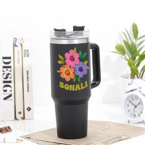 Image of IGP Personalized Large Travel Mug | Same Day Delivery | Matte Black Tumbler with Custom Name & Flowers | Cupholder Friendly | for Him & Her, Office & Gym