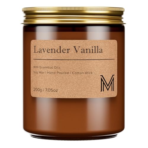 M&SENSE Lavender Vanilla Scented Small Candle 7.5Oz Aromatherapy Candle for Home Fragrance Soy Wax Candles Gift for Birthday Housewarming Amber Jar Candle for Stress Relief Meditation Yoga