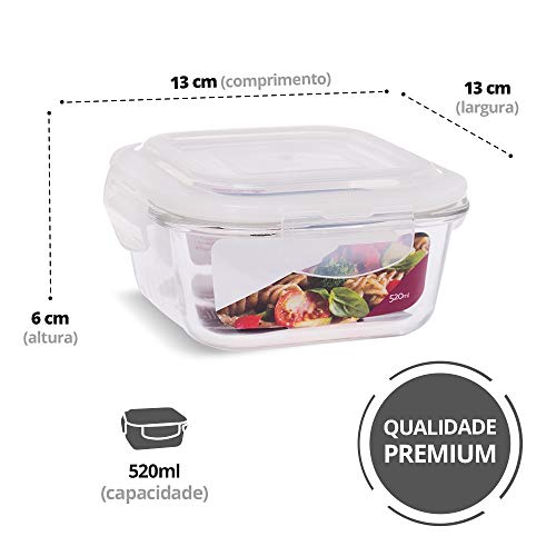 KIT 6 Potes de Vidro Quadrado com Tampa Hermética 520ml Cor:Branco (QH)