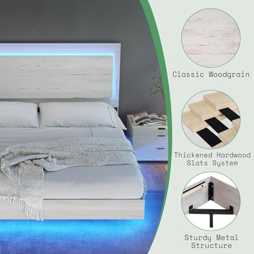 AMERLIFE Farmhouse Queen Bed Frame with Reclining Headboard and LED Light, No Box Spring Needed