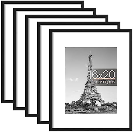 upsimples 16x20 Picture Frame Set of 5,Display Pictures 11x14 with Mat or 16x20 Without Mat,Wall Gallery Poster Frames,Black
