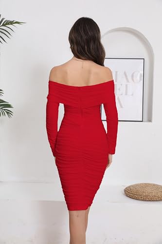 Image of Fooullaide Women's Sexy Off Shoulder Sleeveless Bodycon Ruched Midi Dress