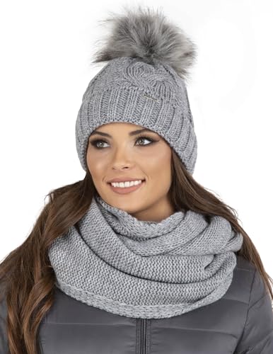 VIVISENCE Damen Bommelmütze Und Loop-Schal Mit Bommel Ideal Für Wintertage 7014, Hellgrau,Einheitsgröße