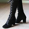 SACFOF Women's Suede Knee High Boot Ladies Lace up High Chunky Heeled Winter Boots Combat Riding Military Boots for Women