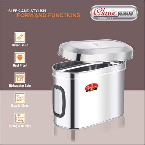 Image of Classic Steels Oval Stainless Steel Kitchen Storage Canisters with Transparent Window (1500 ml) | Airtight Food Containers for Pantry Organization | Mirror Finish, Rust-Proof, Dishwasher Safe