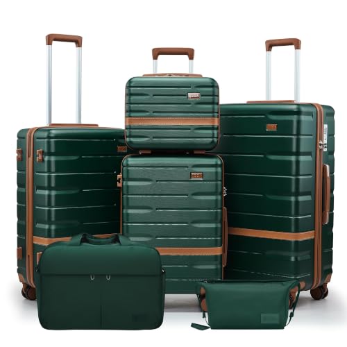 Image of NEISIA Luggage Sets with TSA Lock Hardside PC+ABS Carry On expandable Suitcase with Spinner Wheels Lightweight Rolling Travel Luggage Sets with YKK (Dark Green(New), 6 piece sets(14 /20 /24 /28 /DB /TB))