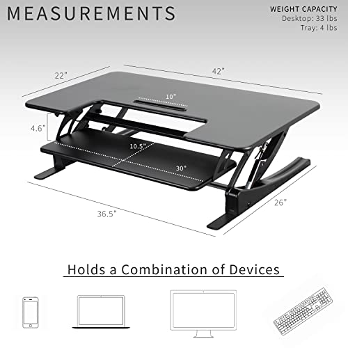 Image of VIVO Black 42 inch Standing Desk Converter, DESK-V000VL | Large, Height Adjustable, Stand Up Desk Riser, Wide Keyboard Tray, Dual Monitor and Laptop Workstation, V Series